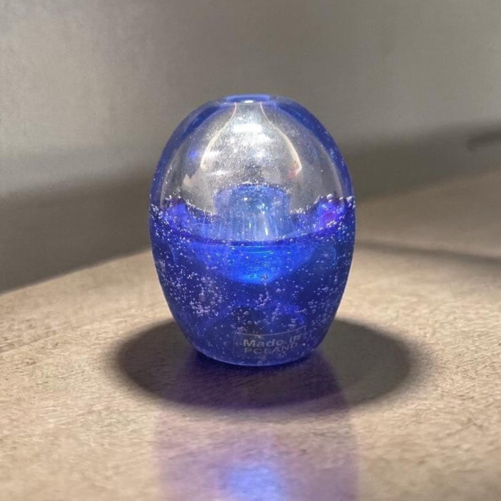 Blue Bubble Design Paperweight, Vintage Polish Glass Sculpture, Oil Lamp, Decor